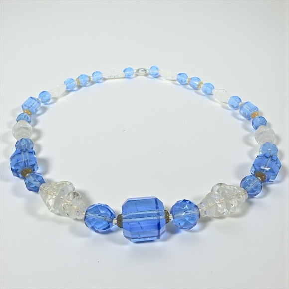 Vintage Art Deco Blue Art Glass & Rock Crystal Necklace - Picture 4 of 14